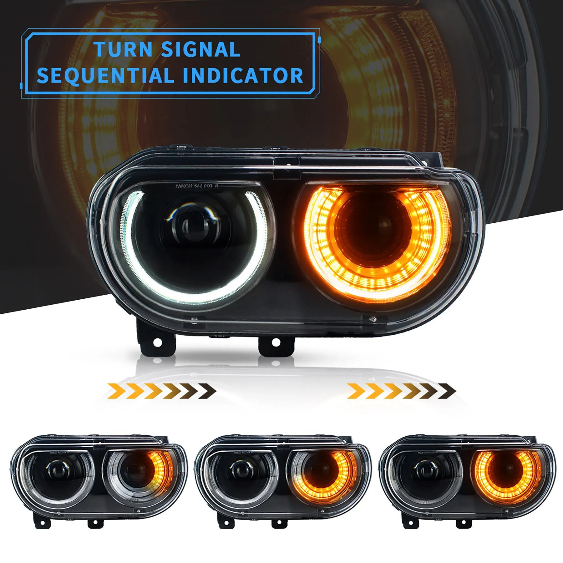 VLAND LED Halo Headlights For Dodge Challenger 2008-2014 Dual Beam DRL(White) With Sequential Turn Signals