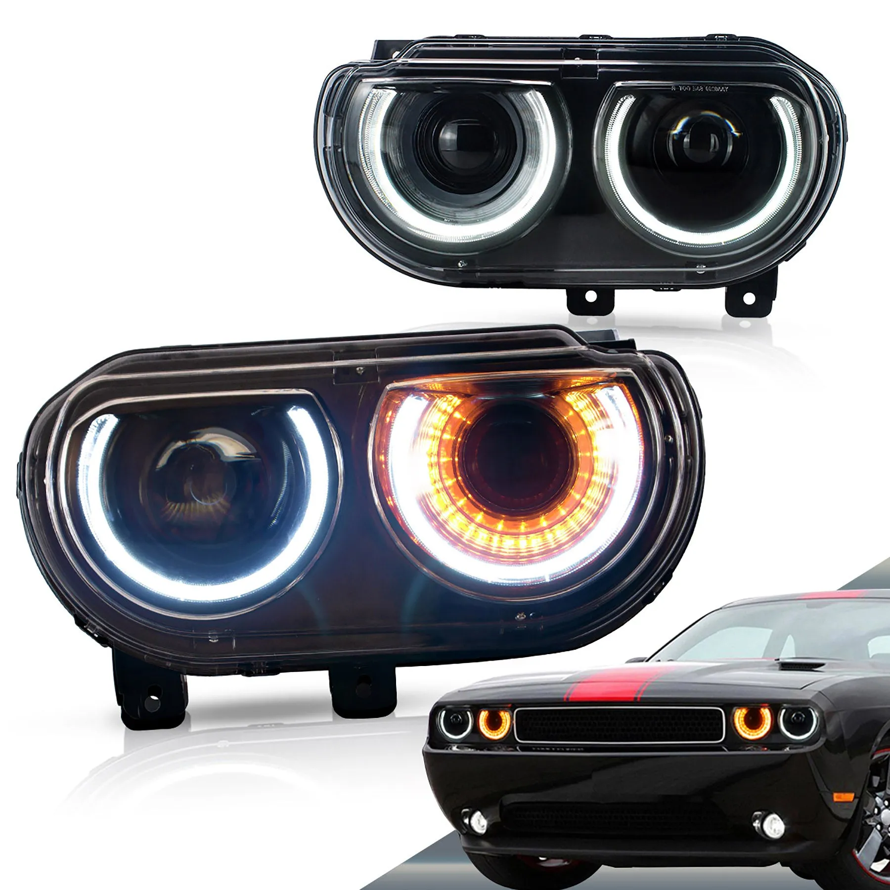 VLAND LED Halo Headlights For Dodge Challenger 2008-2014 Dual Beam DRL(White) With Sequential Turn Signals