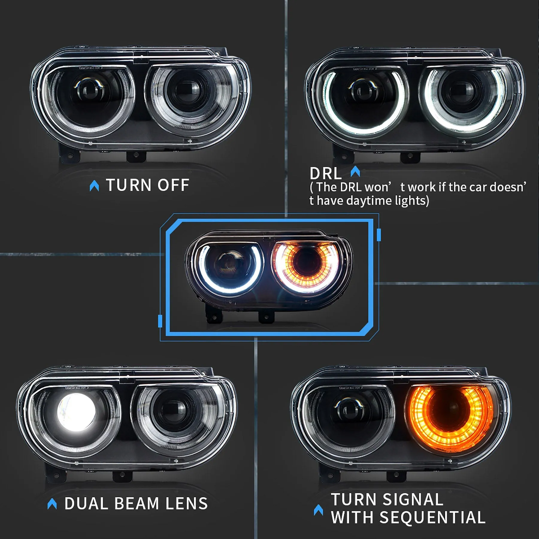 VLAND LED Halo Headlights For Dodge Challenger 2008-2014 Dual Beam DRL(White) With Sequential Turn Signals