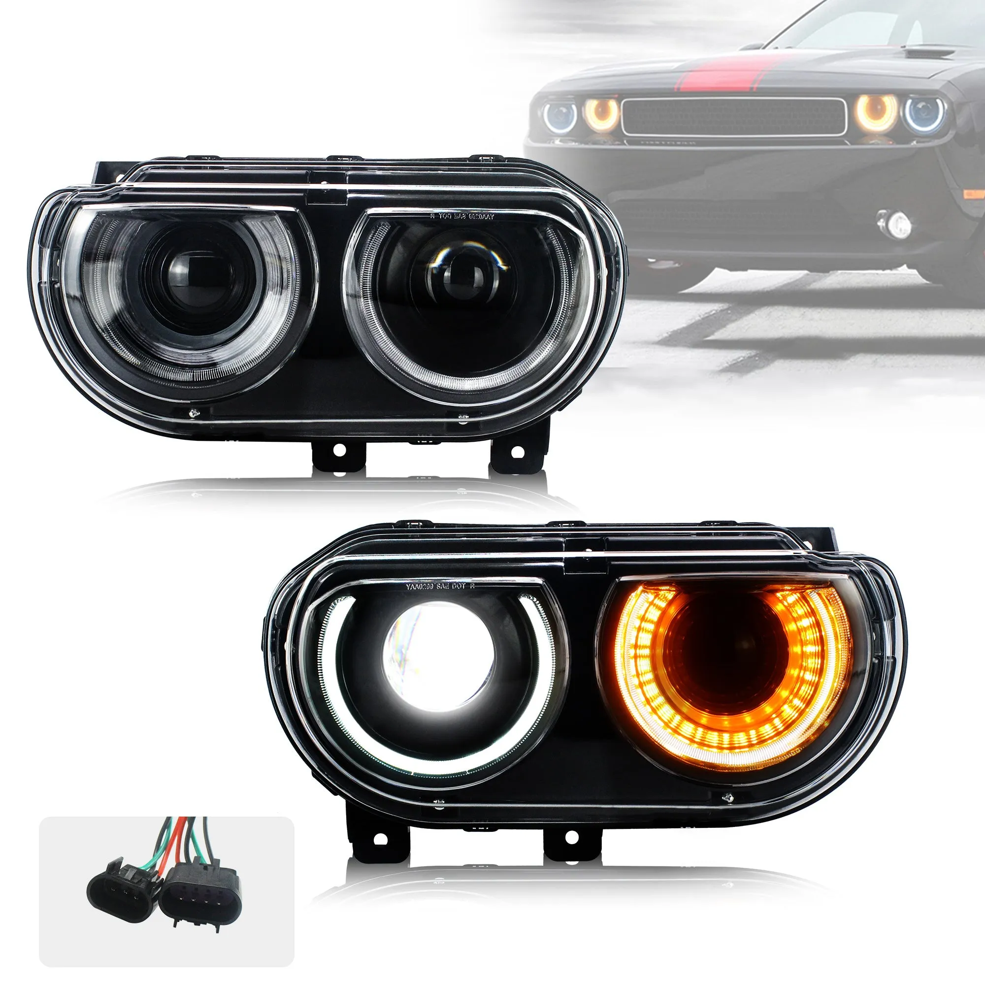 VLAND LED Halo Headlights For Dodge Challenger 2008-2014 Dual Beam DRL(White) With Sequential Turn Signals