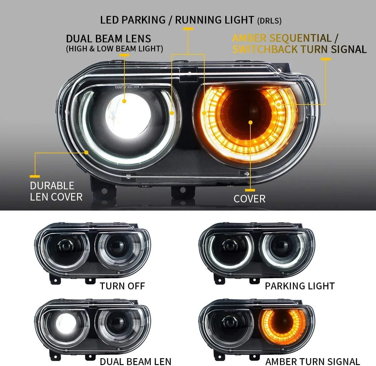 VLAND LED Halo Headlights For Dodge Challenger 2008-2014 Dual Beam DRL(White) With Sequential Turn Signals