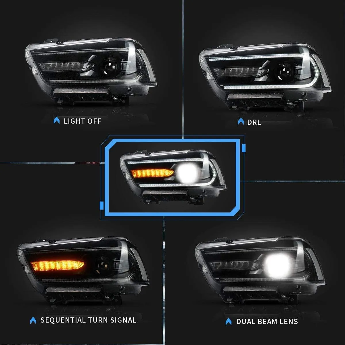 VLAND LED Projector Headlights For Dodge Charger 2011-2014 With Sequential Turn Signals