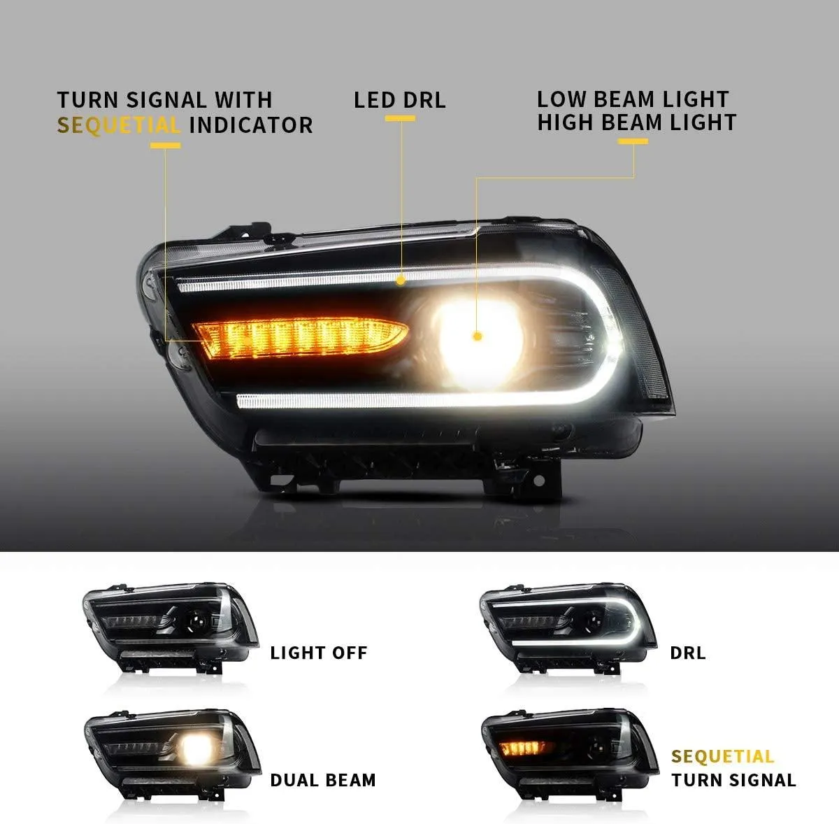 VLAND LED Projector Headlights For Dodge Charger 2011-2014 With Sequential Turn Signals