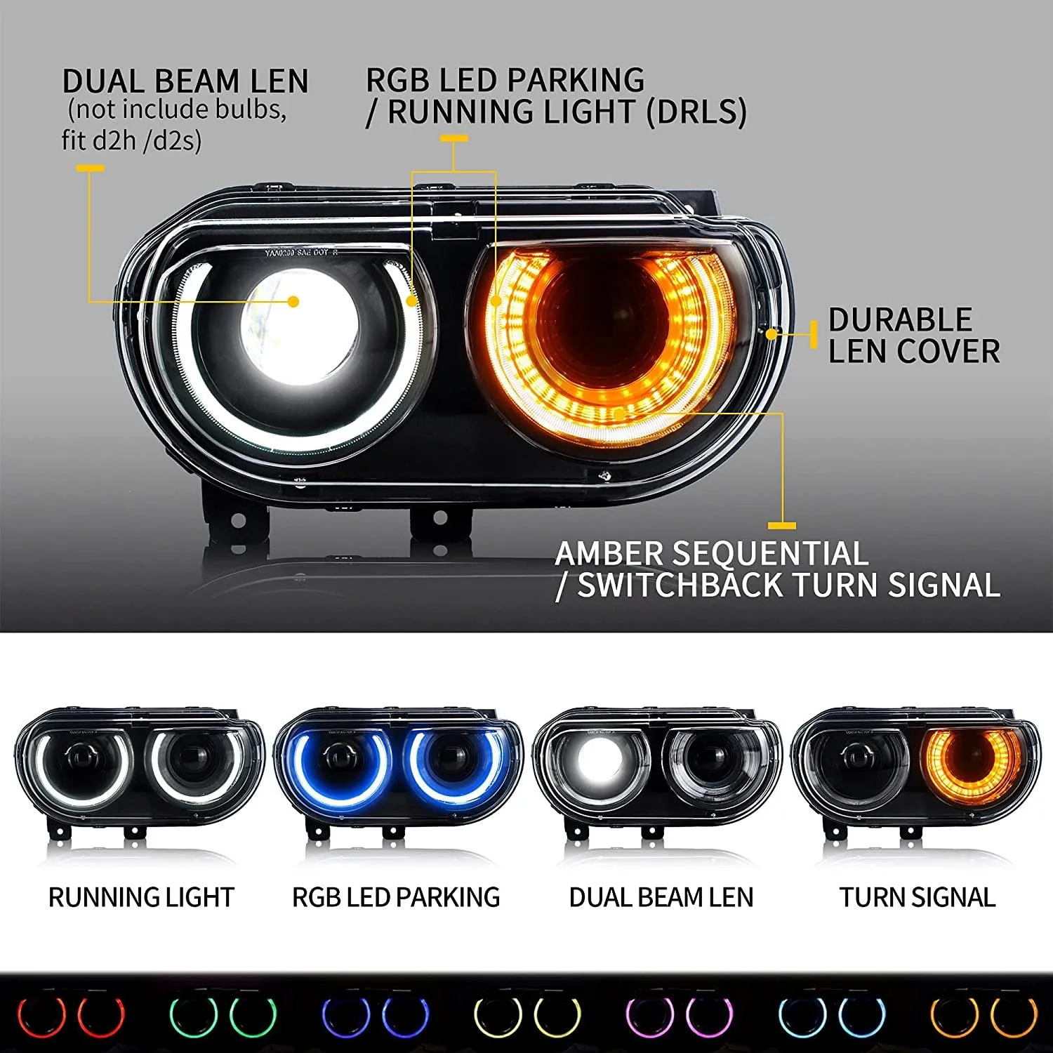 VLAND LED RGB Halo Headlights For Dodge Challenger 2008-2014 with Sequential