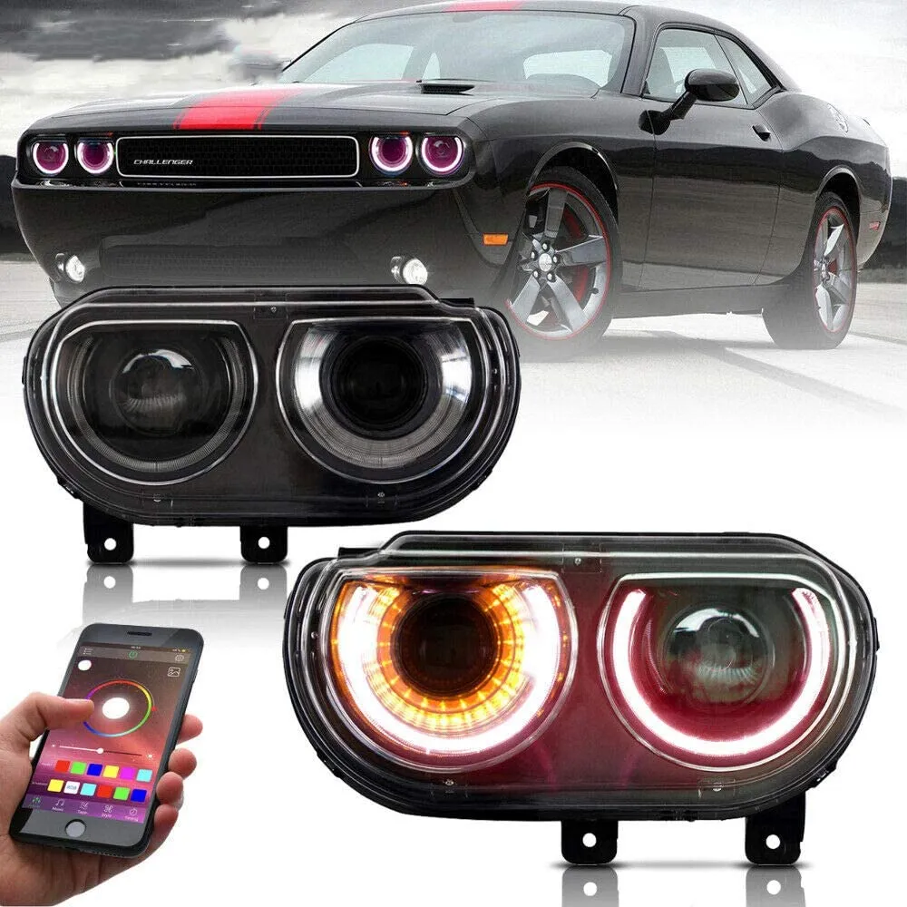 VLAND LED RGB Halo Headlights For Dodge Challenger 2008-2014 with Sequential