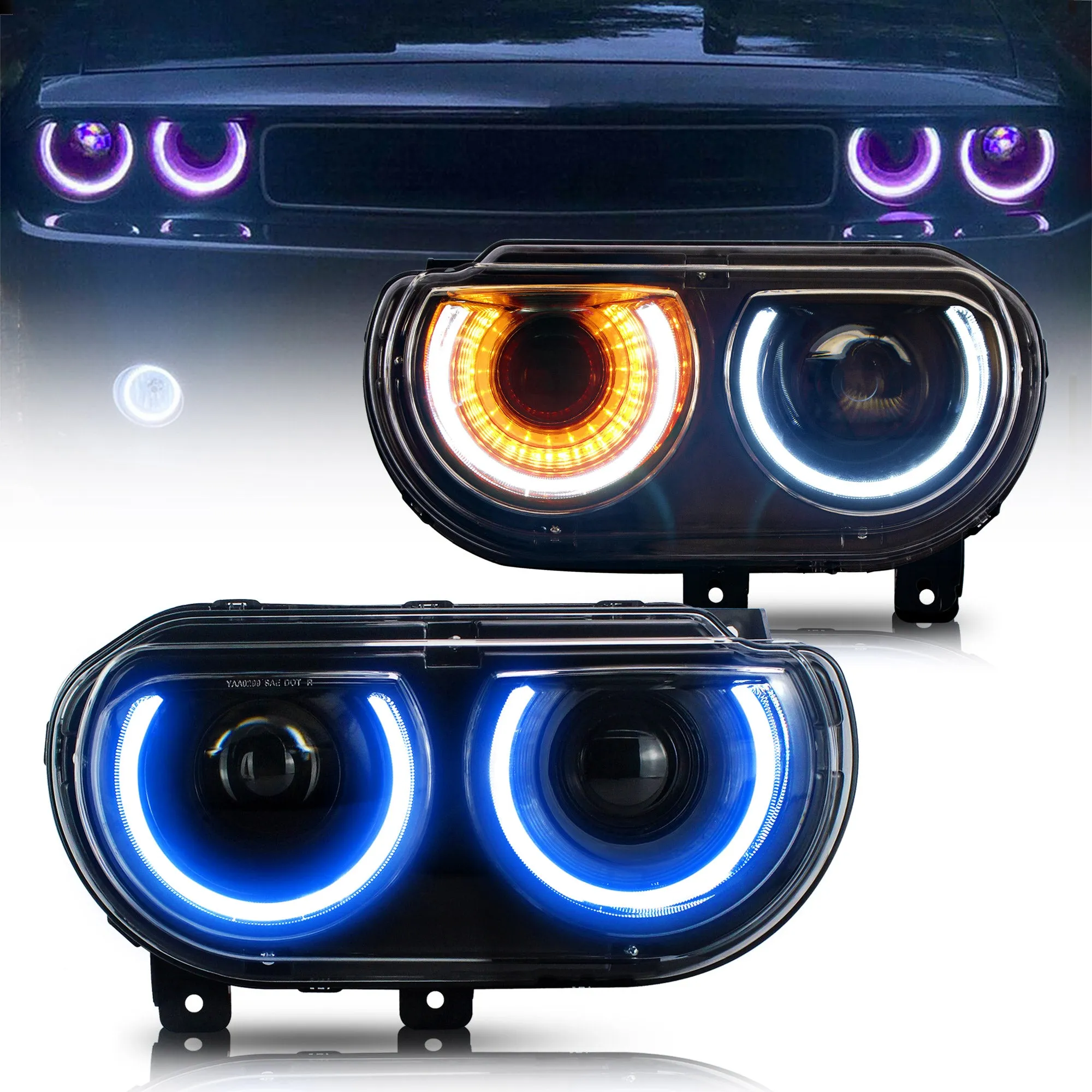 VLAND LED RGB Halo Headlights For Dodge Challenger 2008-2014 with Sequential