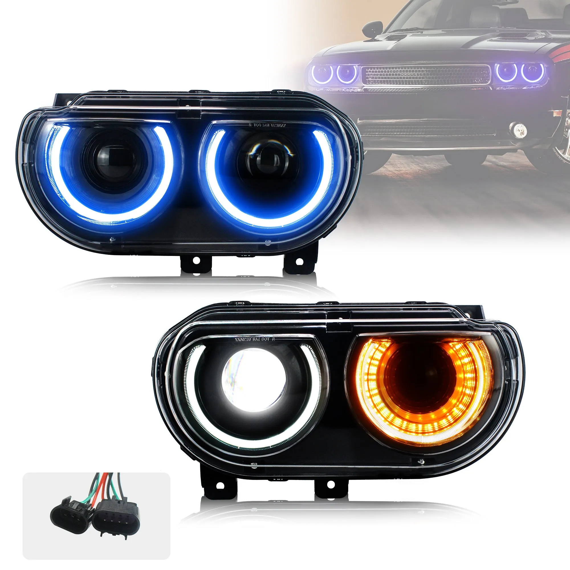 VLAND LED RGB Halo Headlights For Dodge Challenger 2008-2014 with Sequential