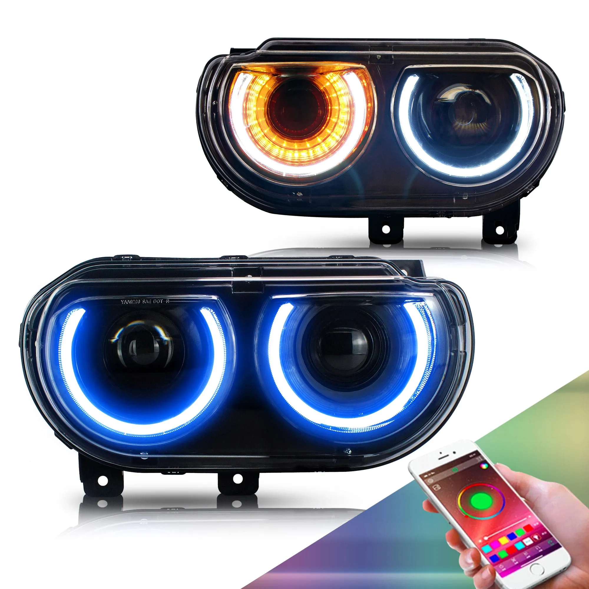 VLAND LED RGB Halo Headlights For Dodge Challenger 2008-2014 with Sequential