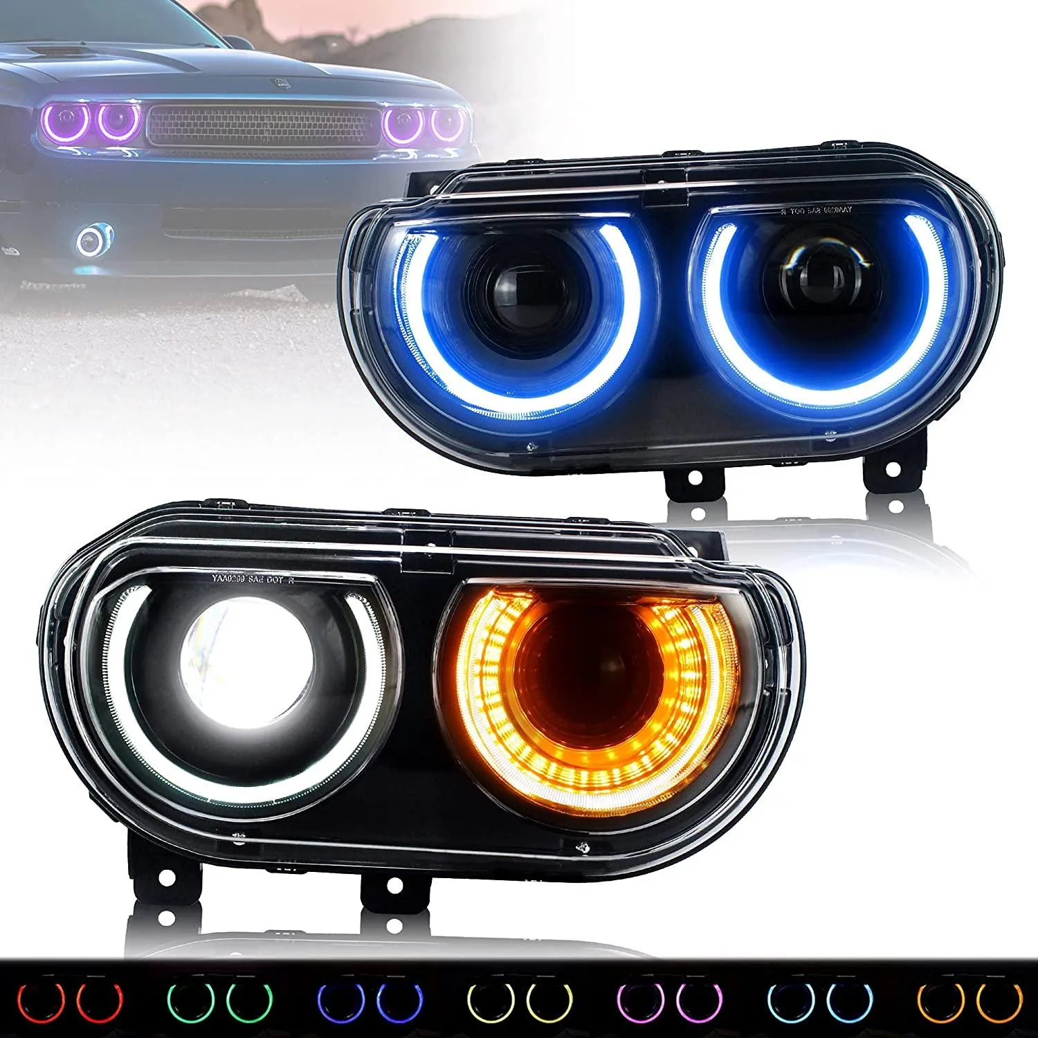 VLAND LED RGB Halo Headlights For Dodge Challenger 2008-2014 with Sequential