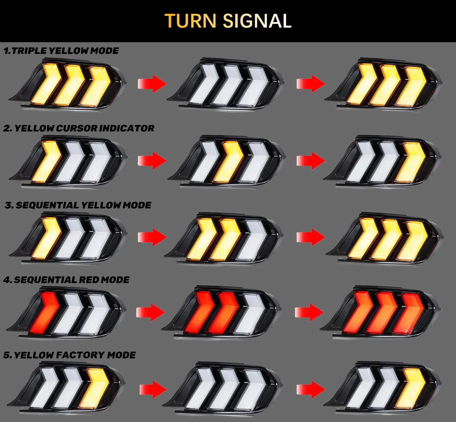 VLAND LED Taillights For Ford Mustang 2015-2023 With 5 Modes & Sequential Turn Signal