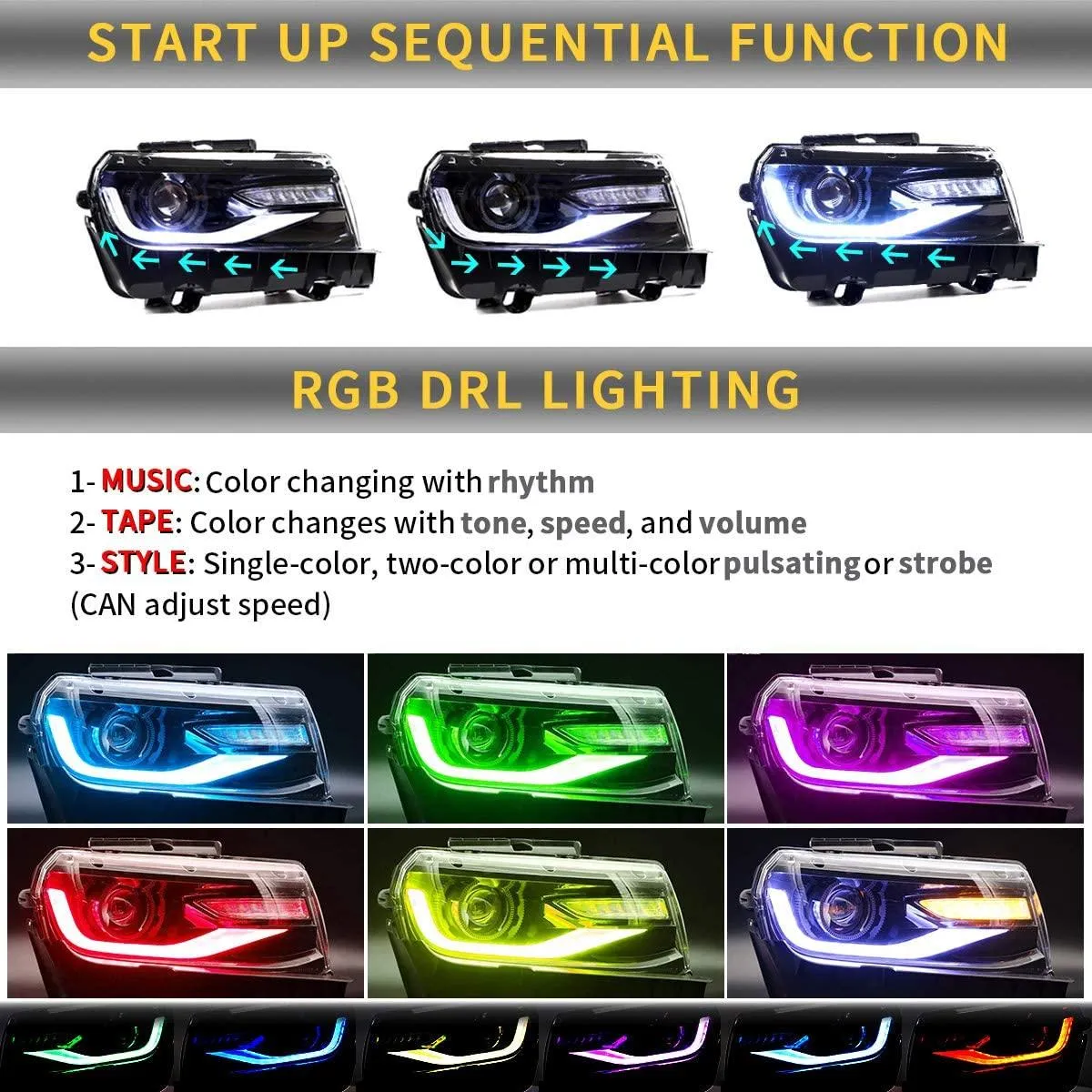 VLAND RGB Dual Beam Headlights For Chevrolet Camaro 5th Gen 2014 2015
