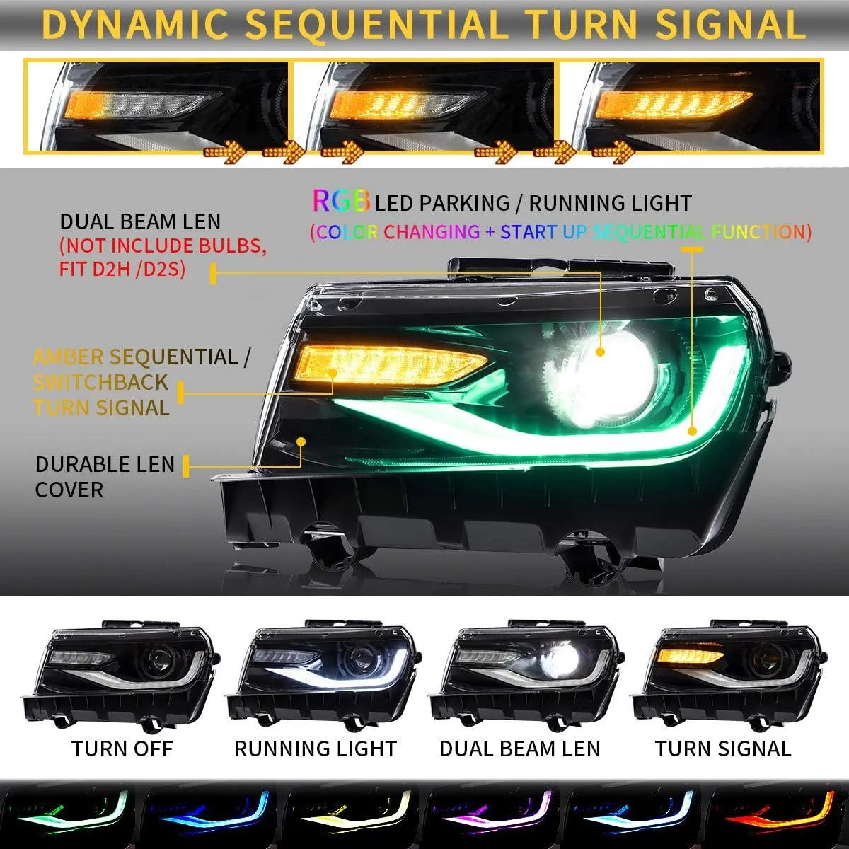 VLAND RGB Dual Beam Headlights For Chevrolet Camaro 5th Gen 2014 2015