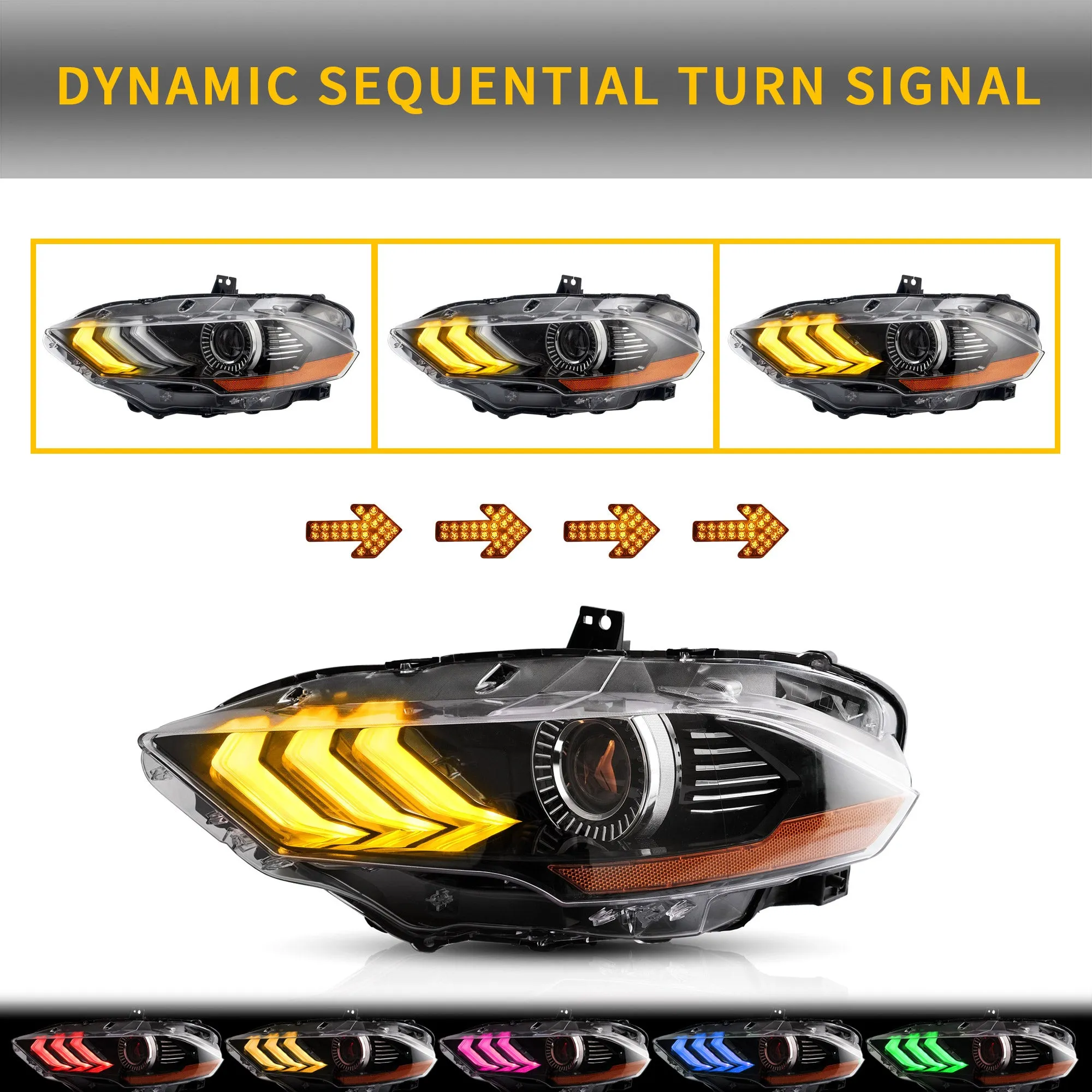 VLAND RGB Projector Headlights For Ford Mustang (Sixth Generation) [S550] 2018-2023