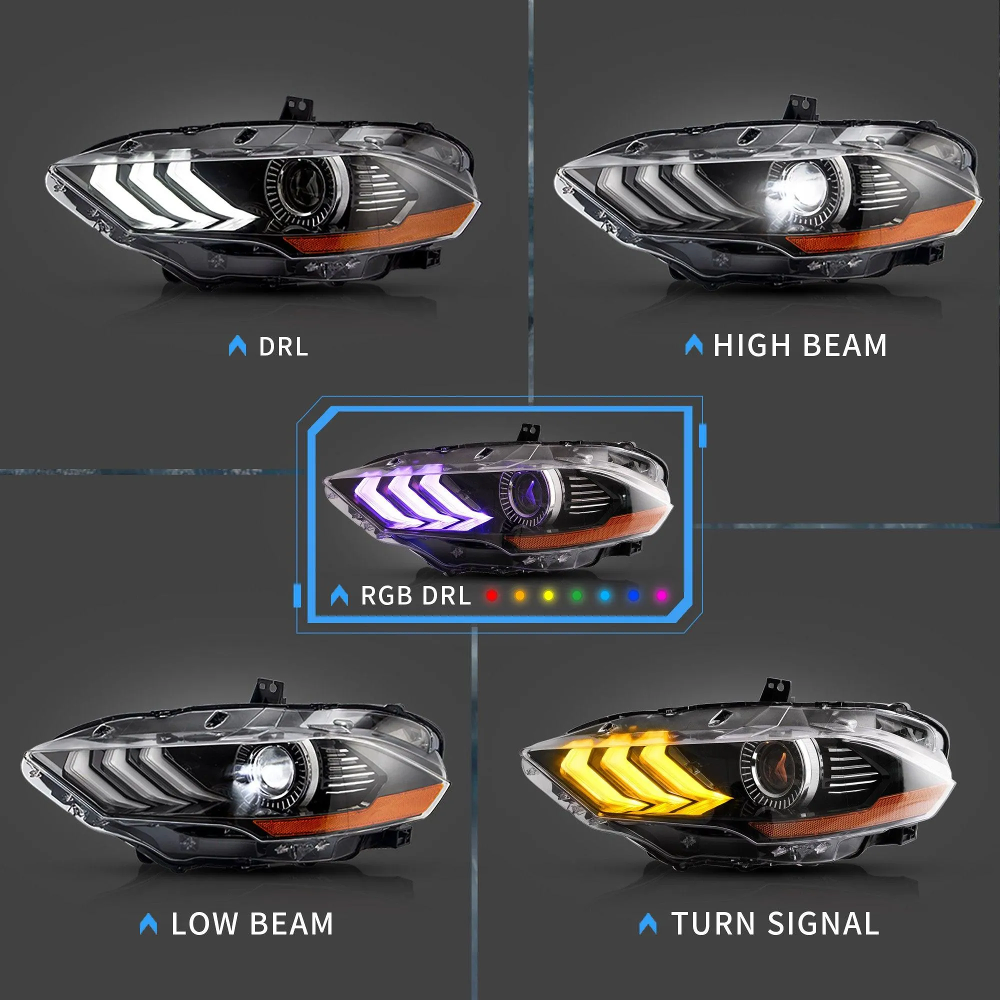 VLAND RGB Projector Headlights For Ford Mustang (Sixth Generation) [S550] 2018-2023