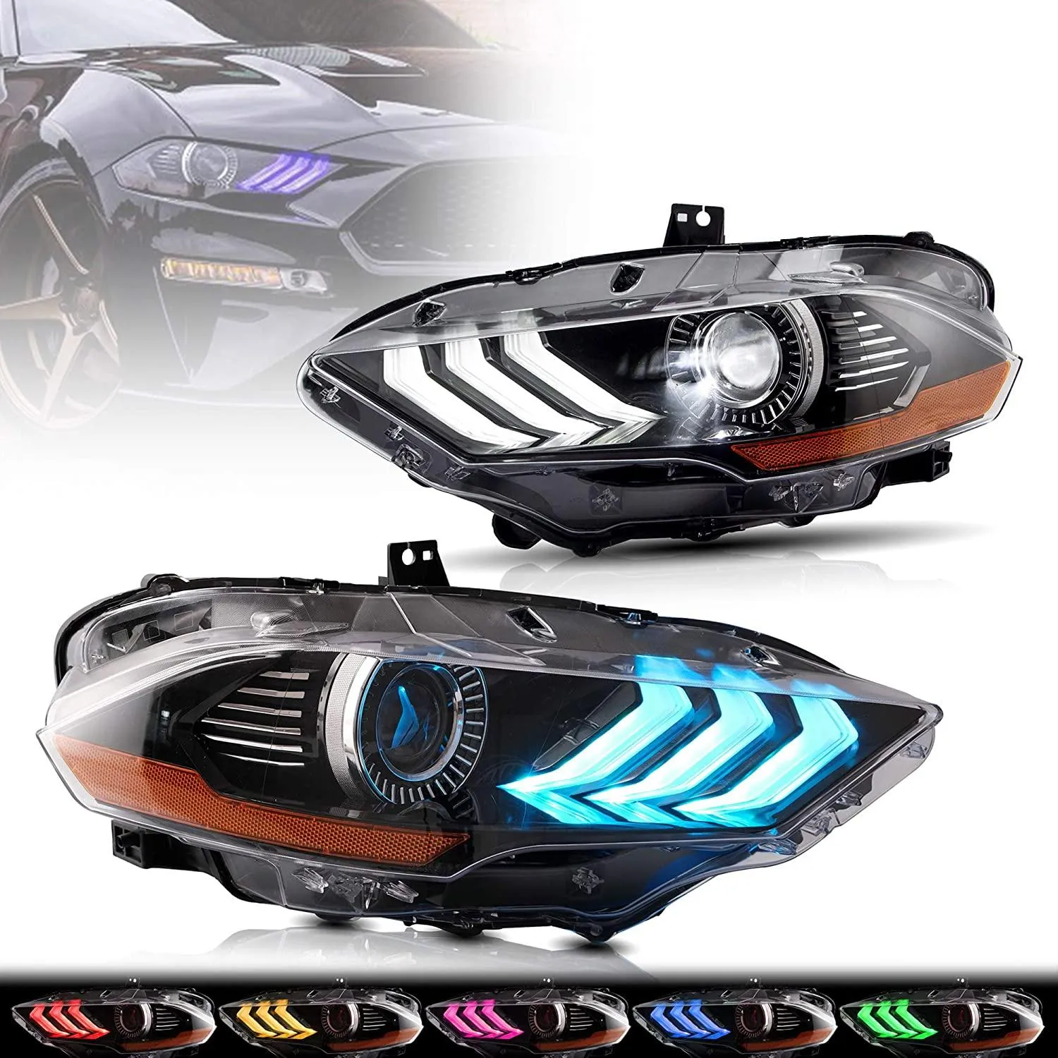 VLAND RGB Projector Headlights For Ford Mustang (Sixth Generation) [S550] 2018-2023