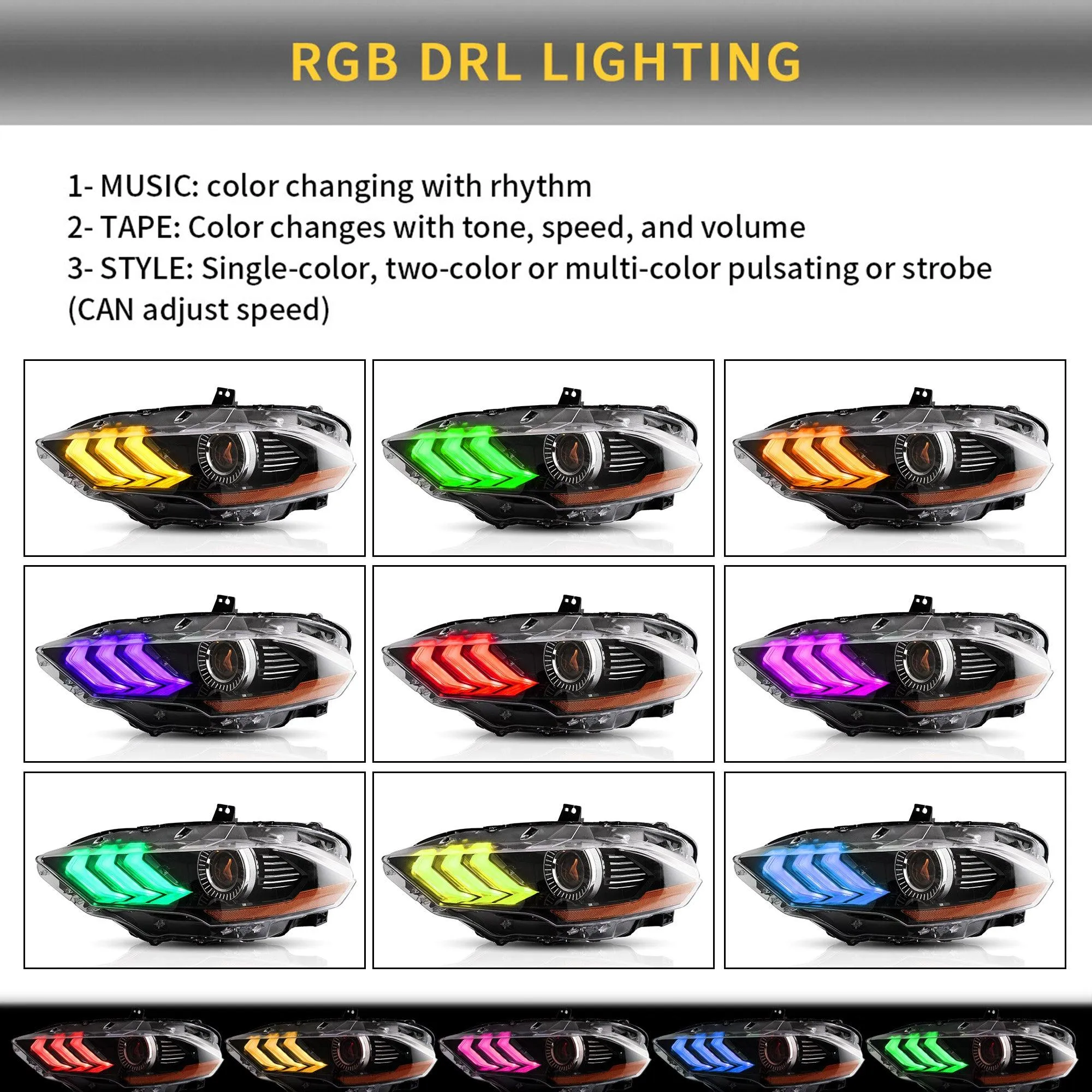 VLAND RGB Projector Headlights For Ford Mustang (Sixth Generation) [S550] 2018-2023