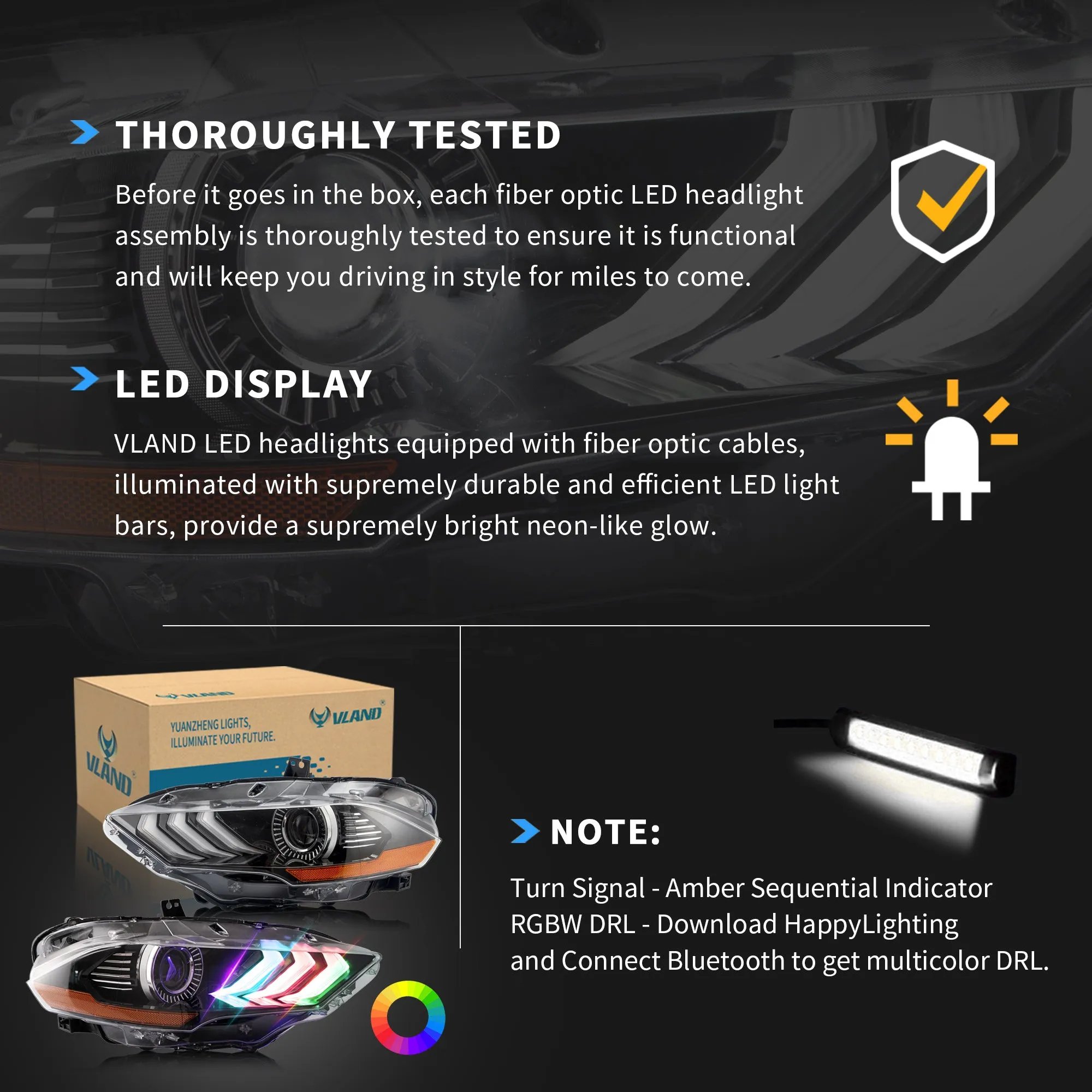 VLAND RGB Projector Headlights For Ford Mustang (Sixth Generation) [S550] 2018-2023