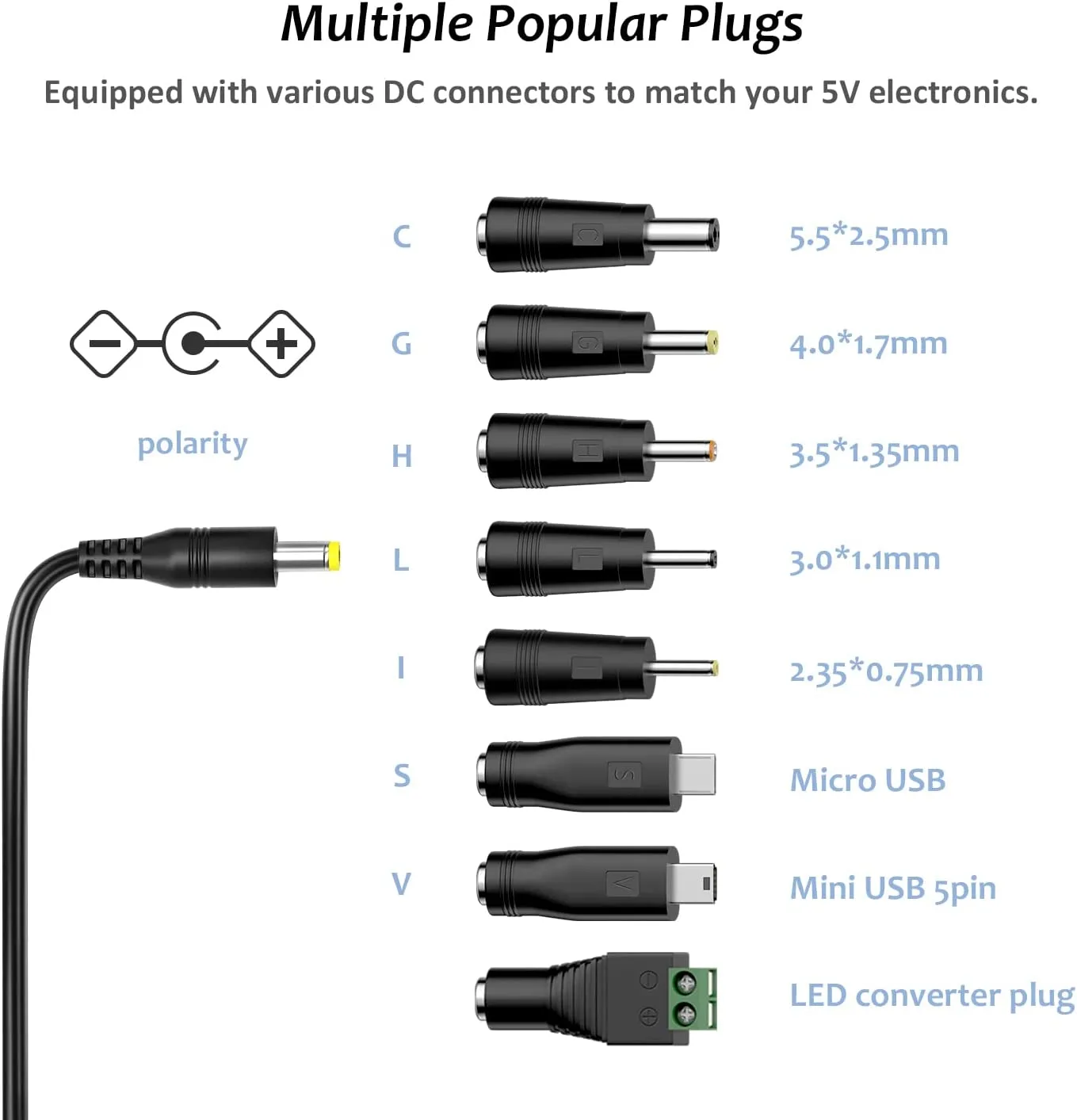 Zolt Universal AC to DC Power Adapter 5V 1A/2A with Multi DC Plugs
