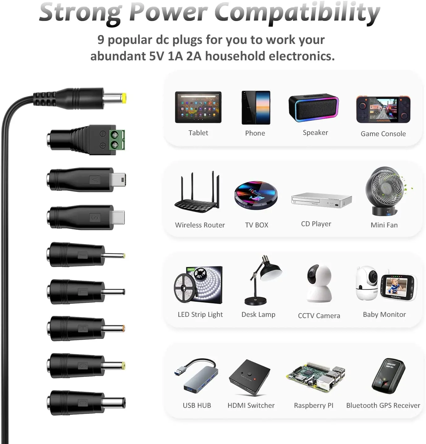 Zolt Universal AC to DC Power Adapter 5V 1A/2A with Multi DC Plugs