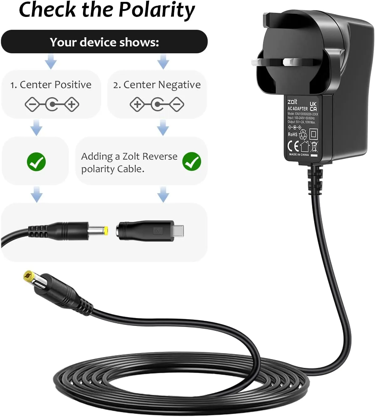 Zolt Universal AC to DC Power Adapter 5V 1A/2A with Multi DC Plugs